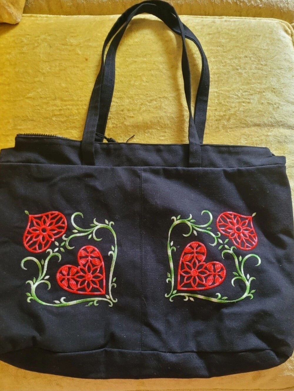 One-of-a-Kind Black Tote Bag with Red & Green Floral & Heart Embroidery, NEW